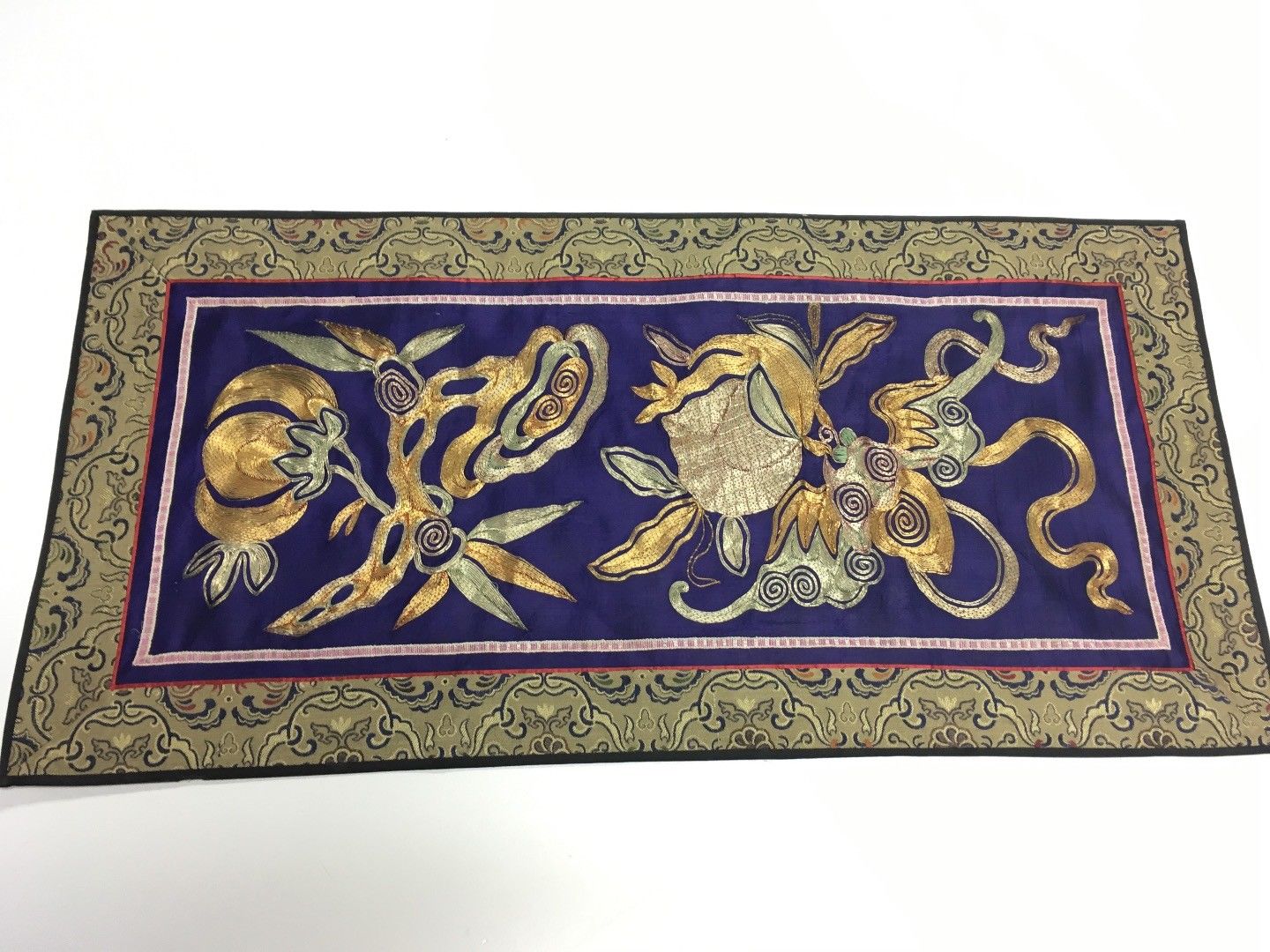 Oriental Antique Silk Tapestry 22" x 11" Rich Golds Greens and Royal Blue EUC