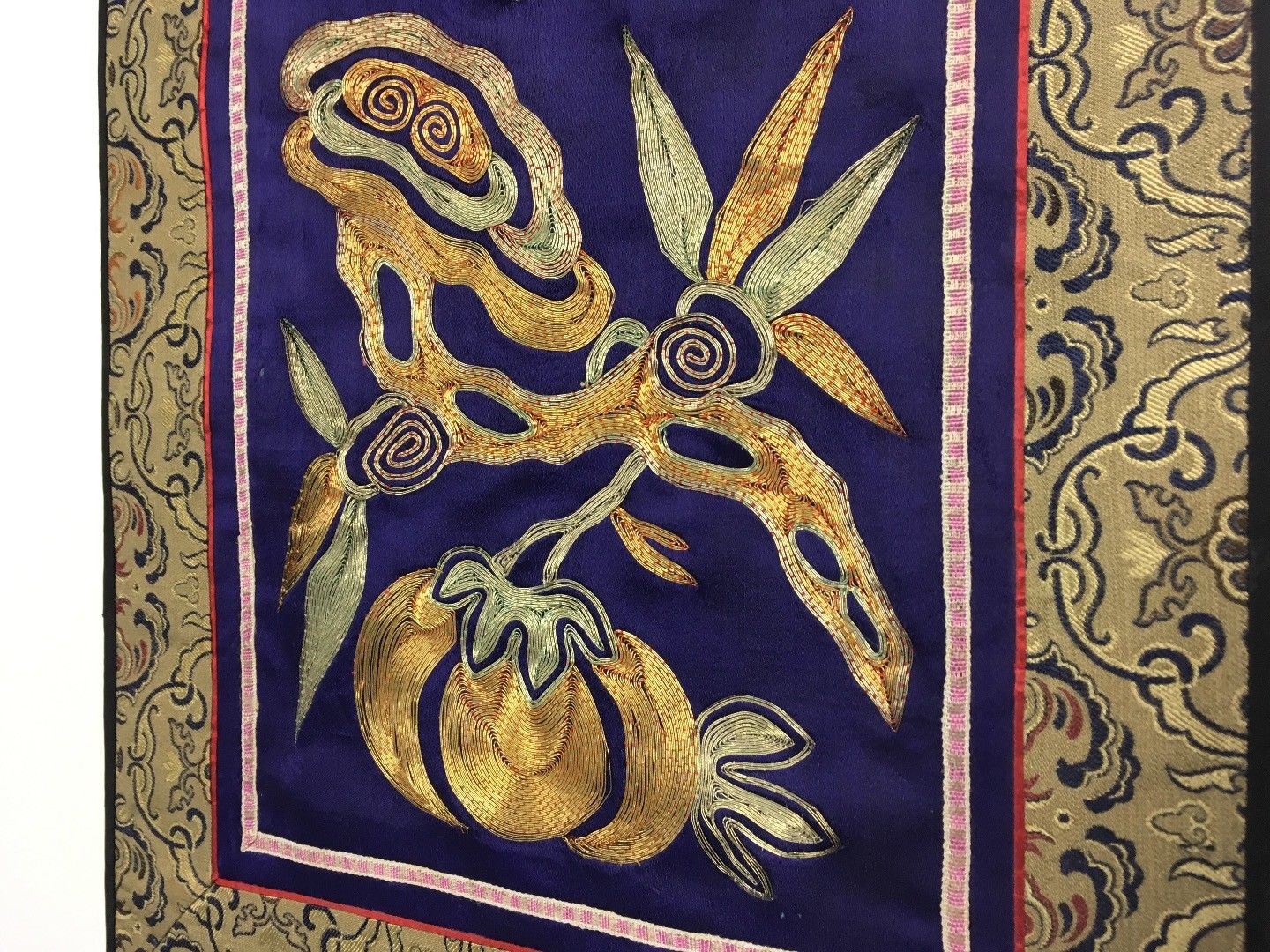 Oriental Antique Silk Tapestry 22" x 11" Rich Golds Greens and Royal Blue EUC