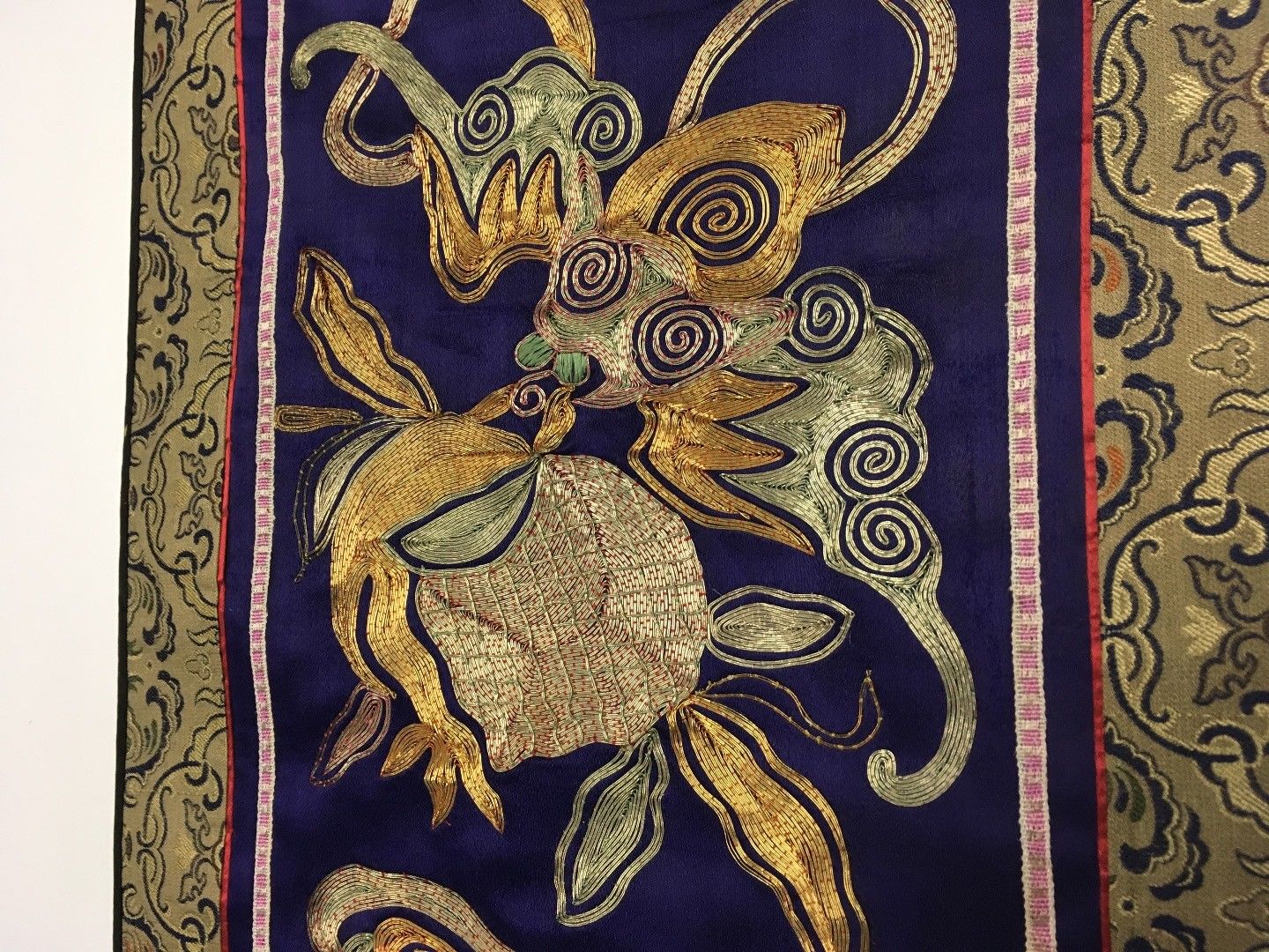 Oriental Antique Silk Tapestry 22" x 11" Rich Golds Greens and Royal Blue EUC