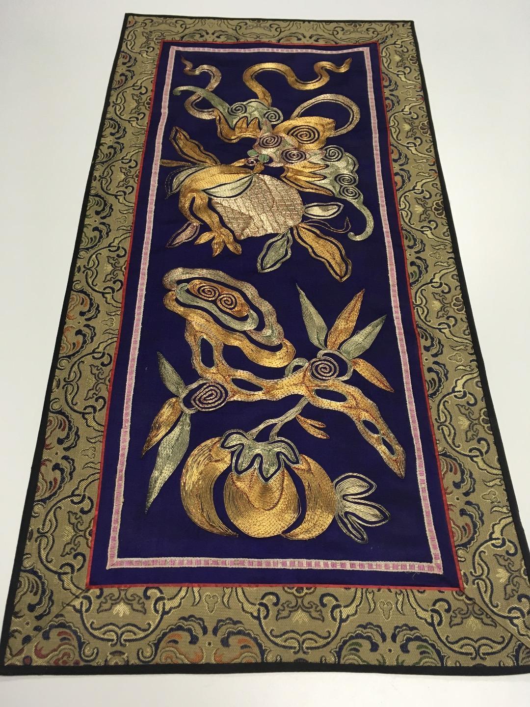 Oriental Antique Silk Tapestry 22" x 11" Rich Golds Greens and Royal Blue EUC