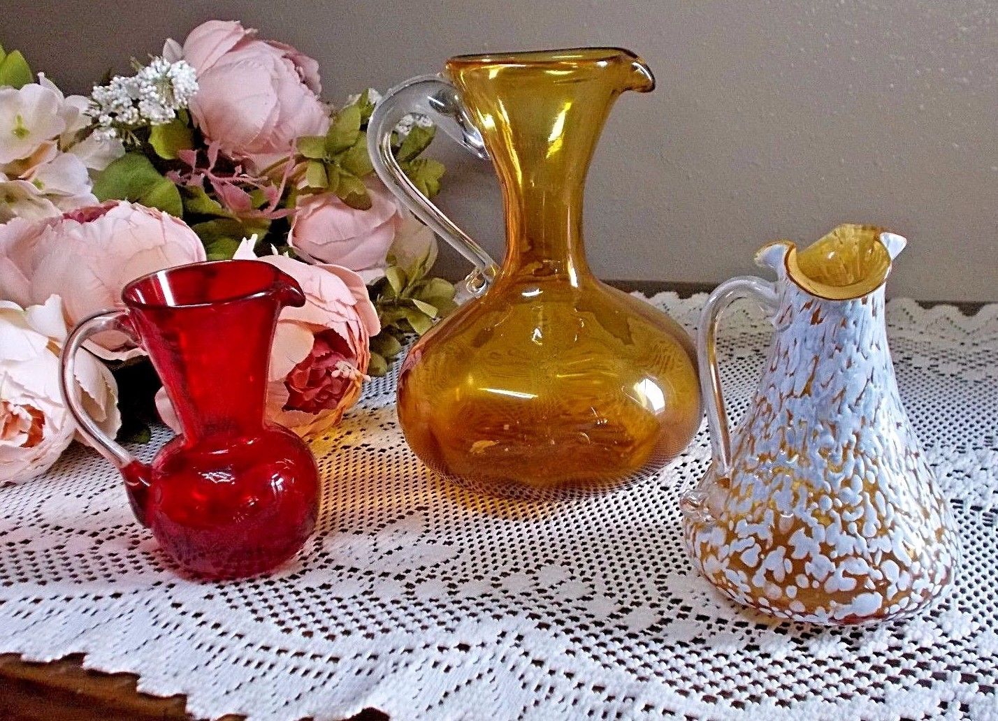 3-Vintage Hand Blown Glass Pitcher with Applied Handles Amber Red White Splatter