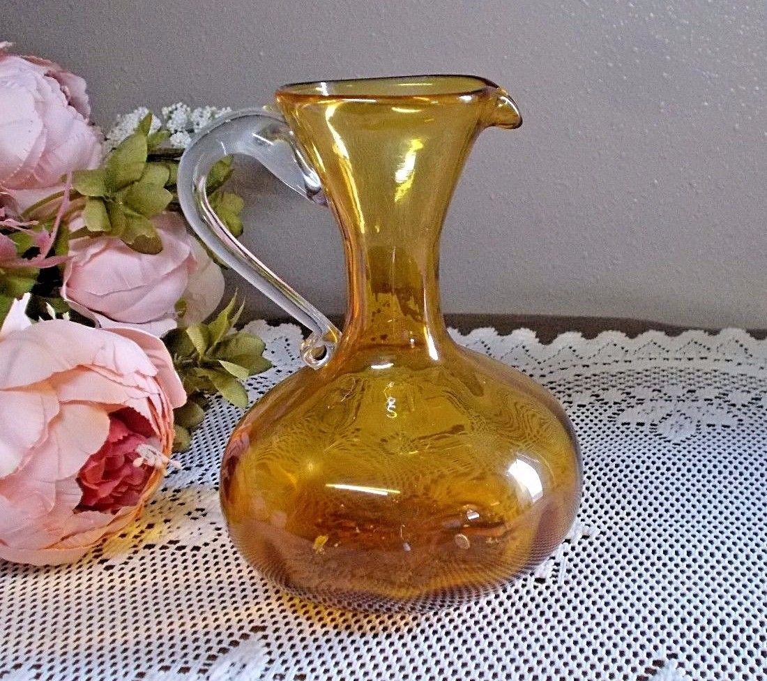 3-Vintage Hand Blown Glass Pitcher with Applied Handles Amber Red White Splatter