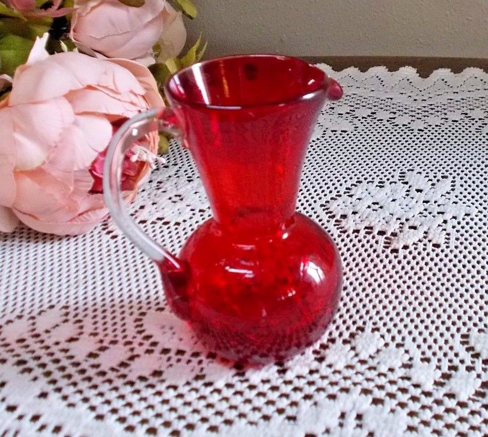 3-Vintage Hand Blown Glass Pitcher with Applied Handles Amber Red White Splatter