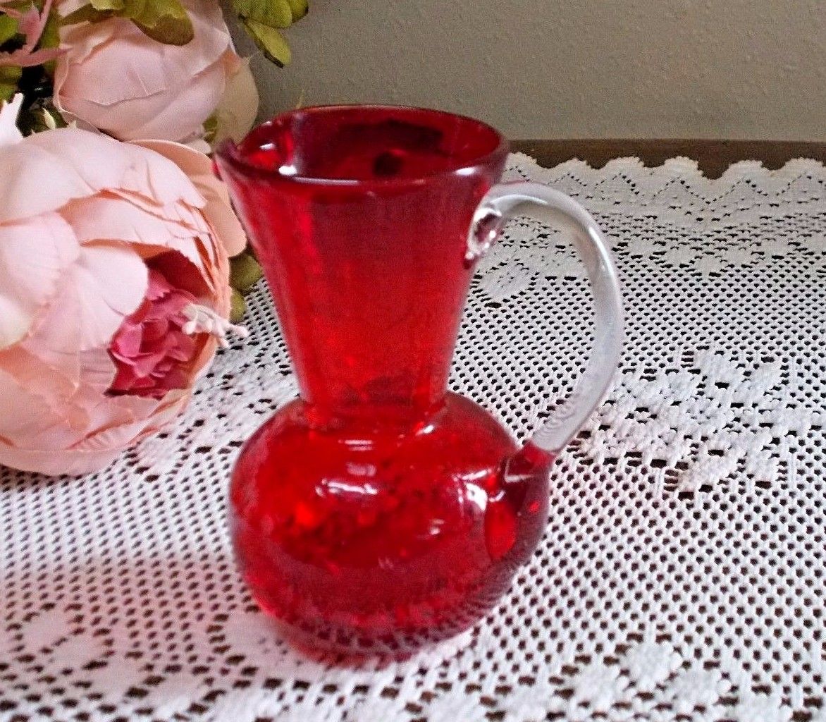 3-Vintage Hand Blown Glass Pitcher with Applied Handles Amber Red White Splatter