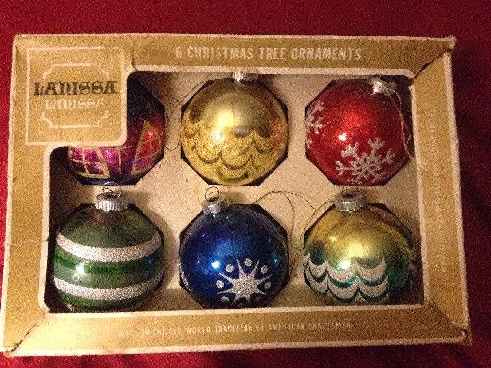 VINTAGE 6 LANISSA SHINY BRITE Christmas Tree Ornaments Glass Mica Made In USA B