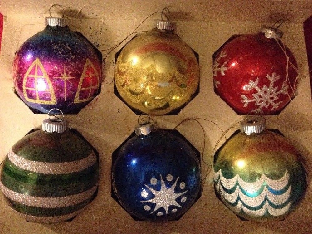 VINTAGE 6 LANISSA SHINY BRITE Christmas Tree Ornaments Glass Mica Made In USA B