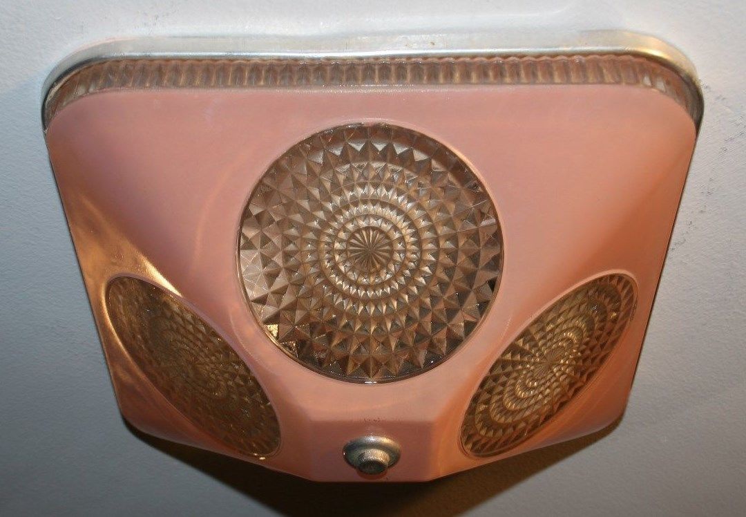 Antique pink square glass flush art deco light fixture ceiling chandelier 1940s