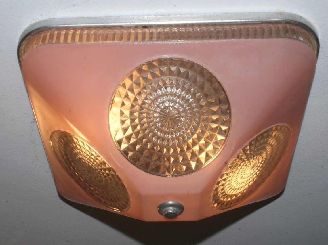 Antique pink square glass flush art deco light fixture ceiling chandelier 1940s