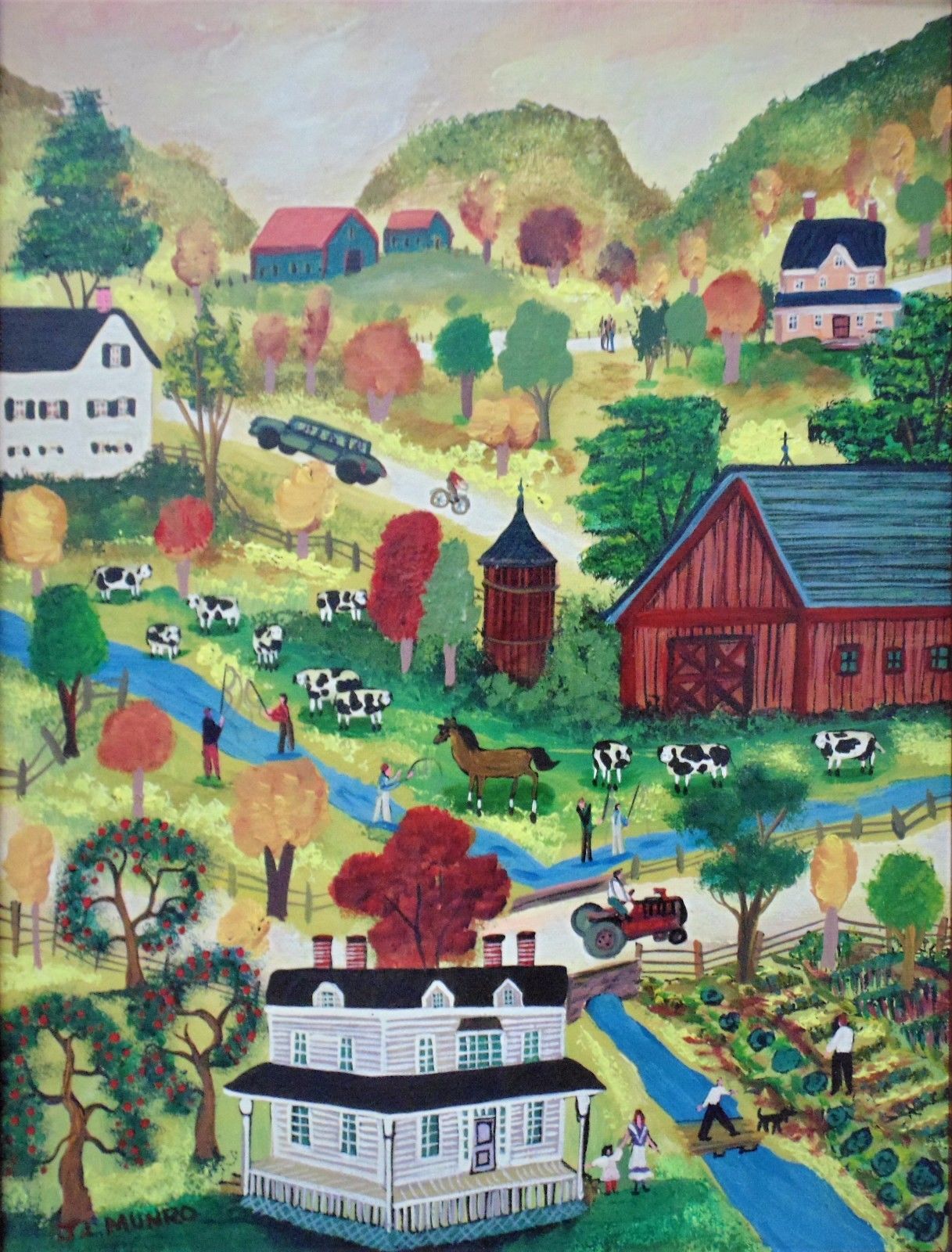 Janet Munro Folk Art Oil Painting Fishing on Oaks Creek Otsego County, NY Signed