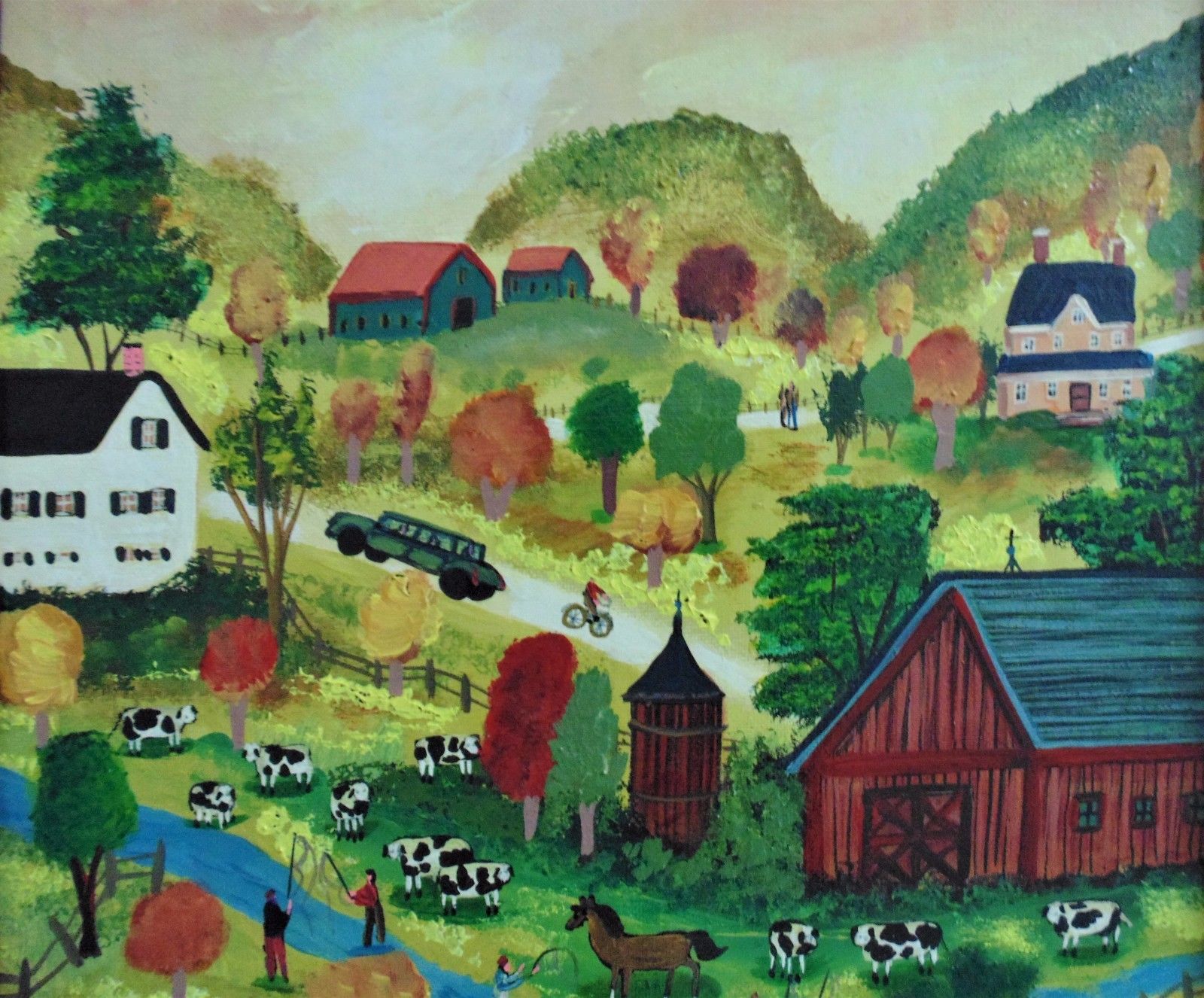 Janet Munro Folk Art Oil Painting Fishing on Oaks Creek Otsego County, NY Signed