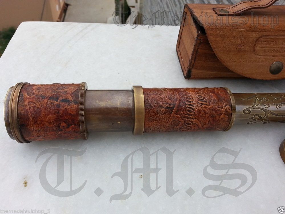 Brass Telescope, Antique Spyglass Leather Engraving Scope Pirate Vintage Gift