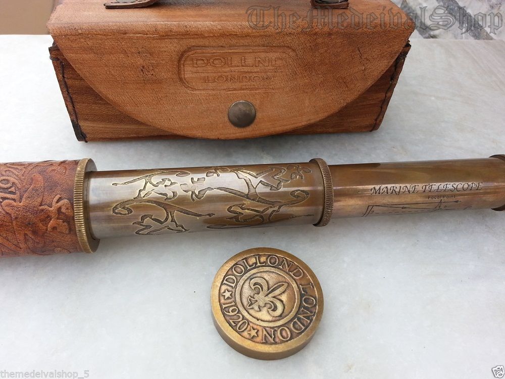 Brass Telescope, Antique Spyglass Leather Engraving Scope Pirate Vintage Gift