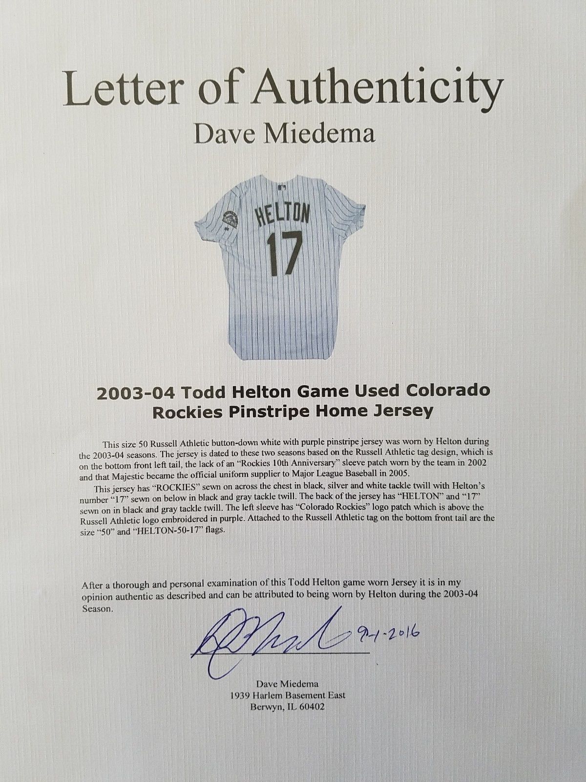 Todd Helton game worn '03-'04 Rockies road jersey, Miedema authenticated