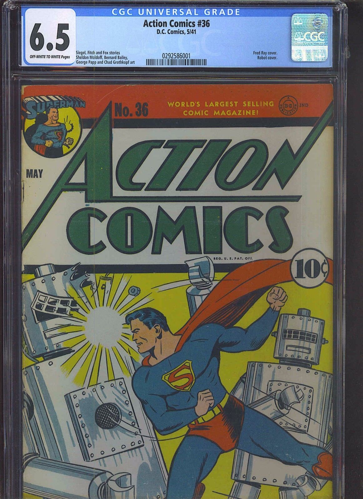 ACTION COMICS #36 CGC FN+ 6.5; OW-W; rare!!; classic Fred Ray robot cover!