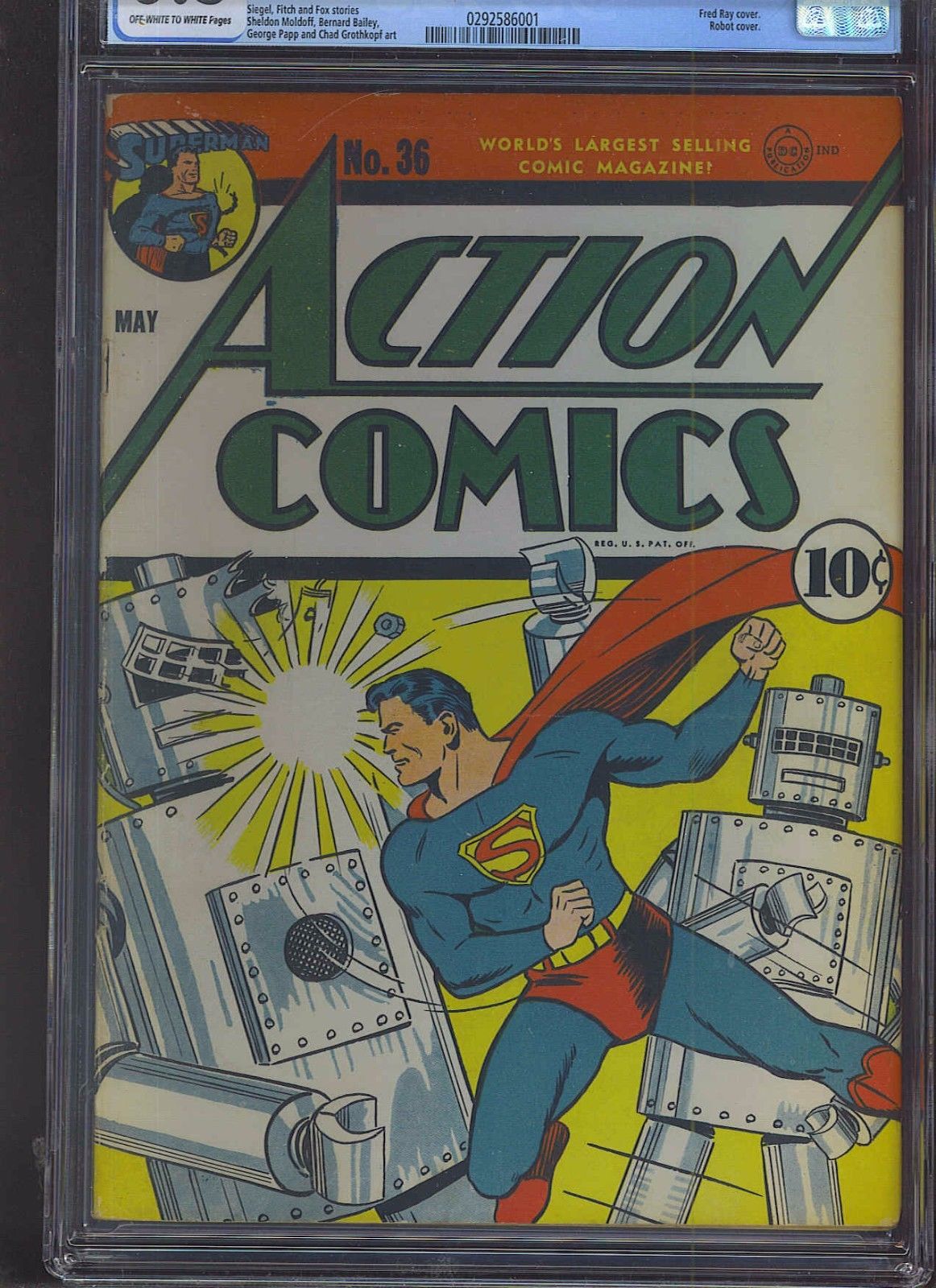 ACTION COMICS #36 CGC FN+ 6.5; OW-W; rare!!; classic Fred Ray robot cover!