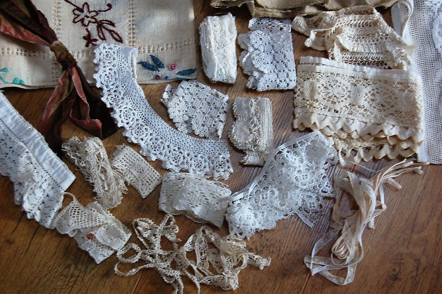 Large LOT Antique French Lace Trim Yardage Linen Embroidery Ribbon Handmade 6lbs