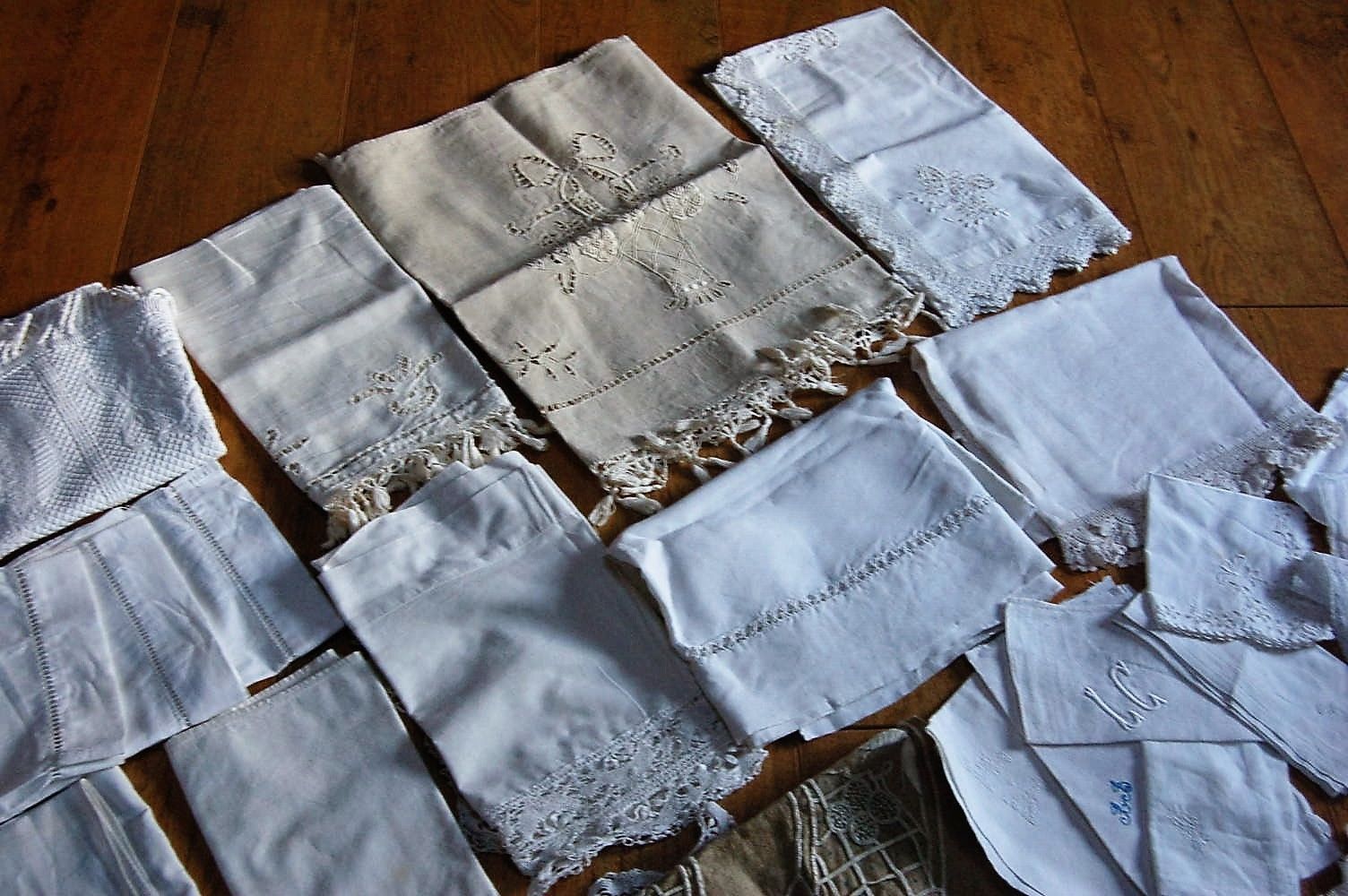 Large LOT Antique French Lace Trim Yardage Linen Embroidery Ribbon Handmade 6lbs