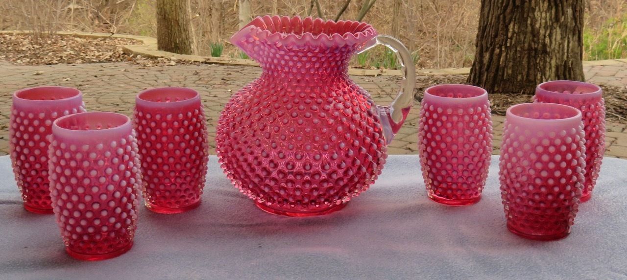 Vintage Fenton Cranberry Opalescent Hobnail Water Set: Pitcher and 6 Tumblers