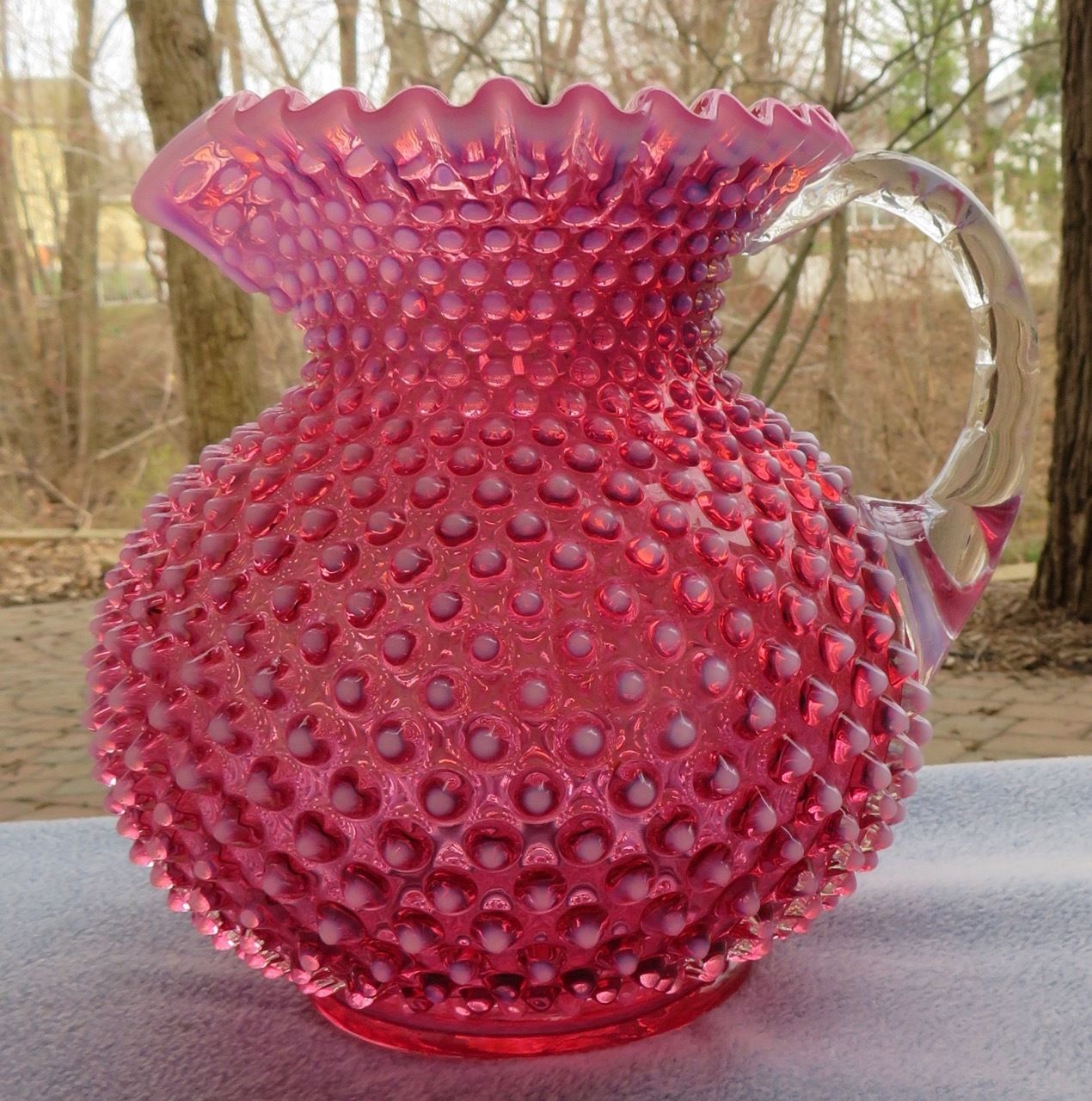 Vintage Fenton Cranberry Opalescent Hobnail Water Set: Pitcher and 6 Tumblers