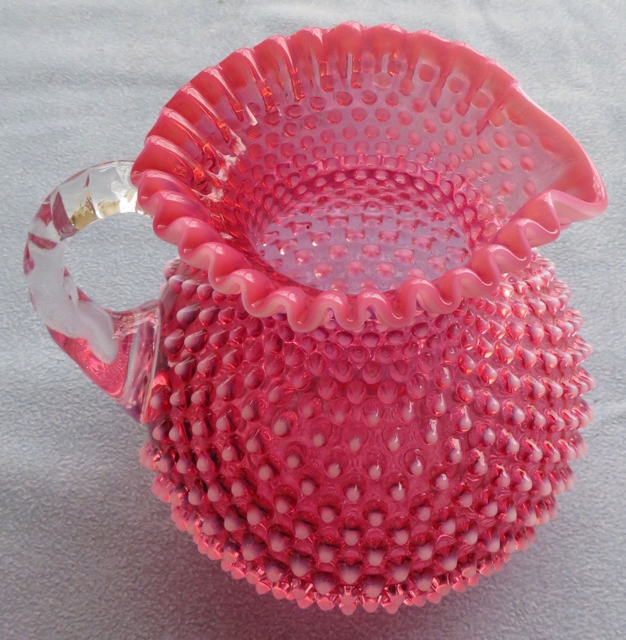 Vintage Fenton Cranberry Opalescent Hobnail Water Set: Pitcher and 6 Tumblers