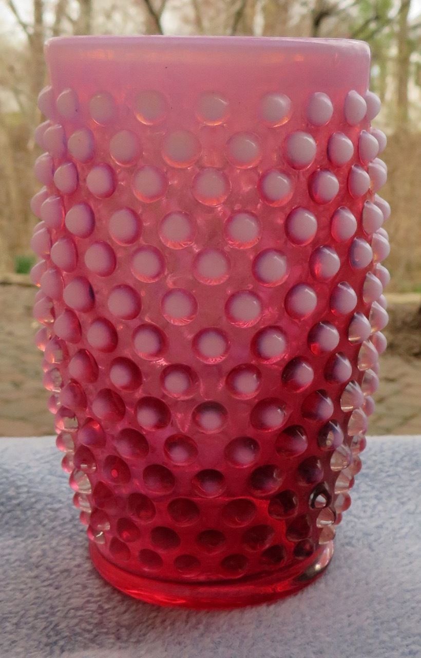 Vintage Fenton Cranberry Opalescent Hobnail Water Set: Pitcher and 6 Tumblers