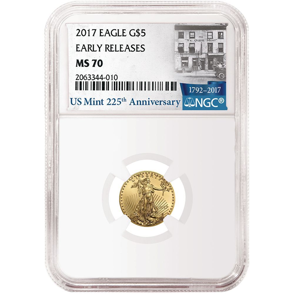 2017 $5 American Gold Eagle 1/10 oz NGC MS70 225th Anniversary ER Label