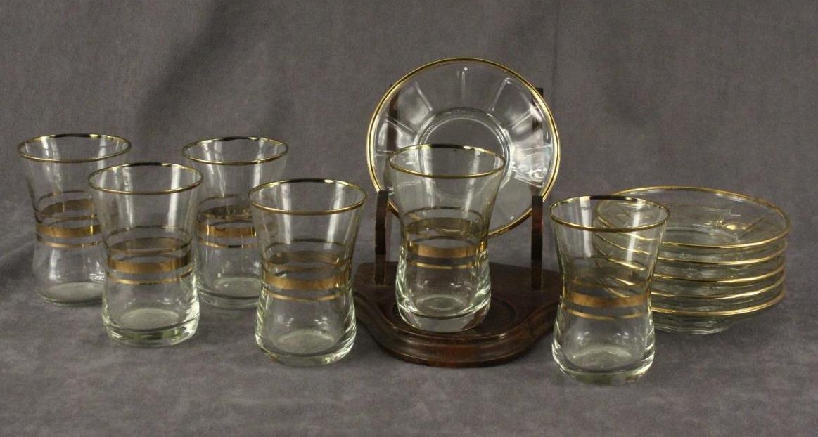 Vintage Turkish Tea Glassware Pasabahce Glass Saucer Set Clear & Gold Stripe