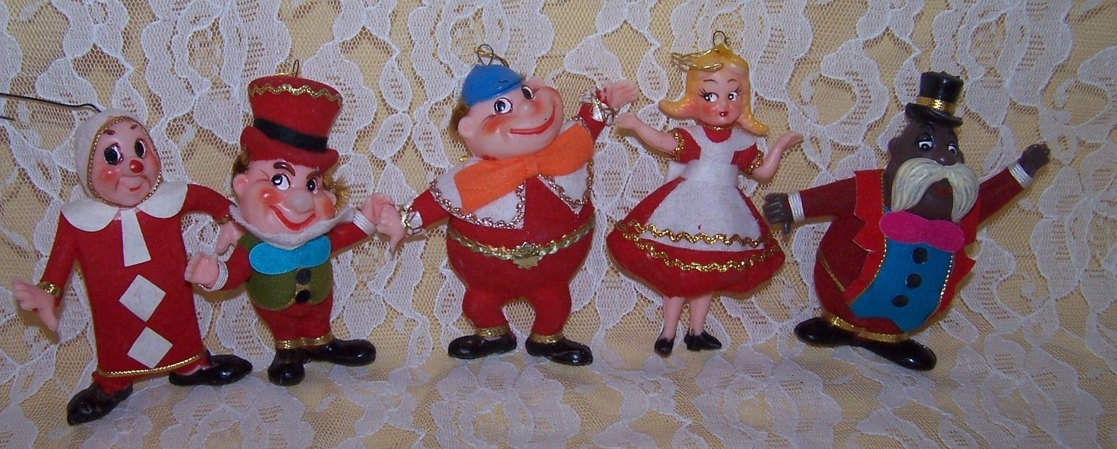 Vintage Flocked Alice In Wonderland & 3 Of Hearts Christmas Ornaments LOt