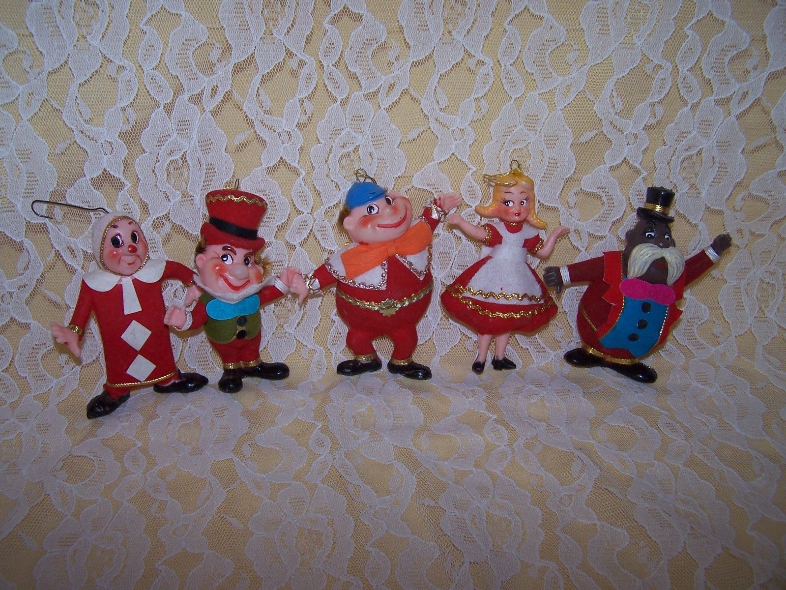 Vintage Flocked Alice In Wonderland & 3 Of Hearts Christmas Ornaments LOt