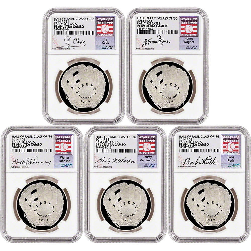 5-pc. 2014 US Baseball Proof Silver $1 - Class of '36 - NGC PF69 -Early Releases