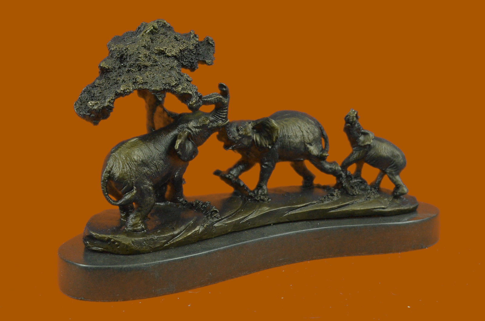 Art Deco Hot Cast Elephant Family With Tree Marble Gift Sculpture Statue Bronze