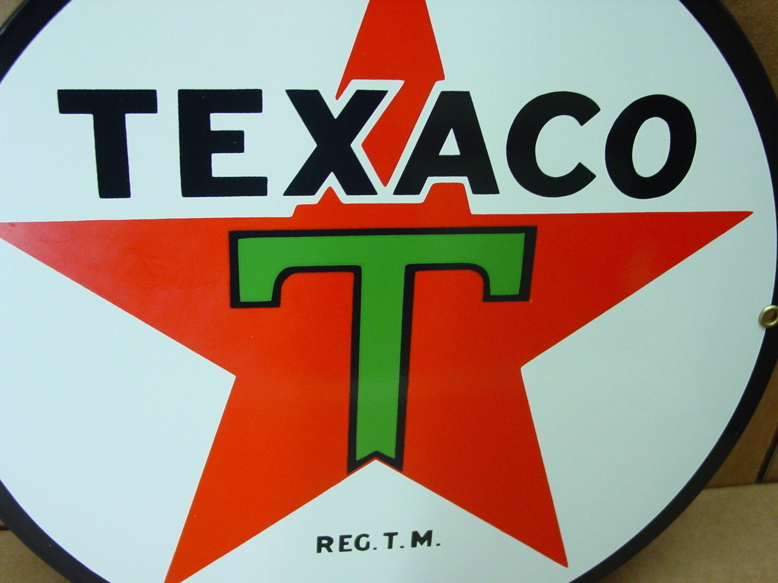 VINTAGE PORCELAIN SIGN TEXACO GAS GASOLINE OIL PUMP " WITH GREEN T "  NEAR MINT