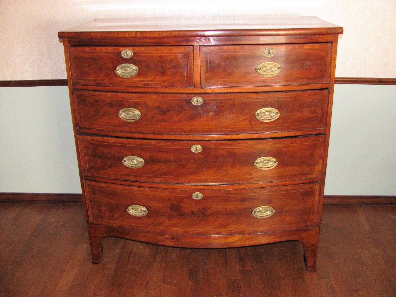 Antique English Georgian Mahogany Bowfront Chest of Drawers Circa 1810