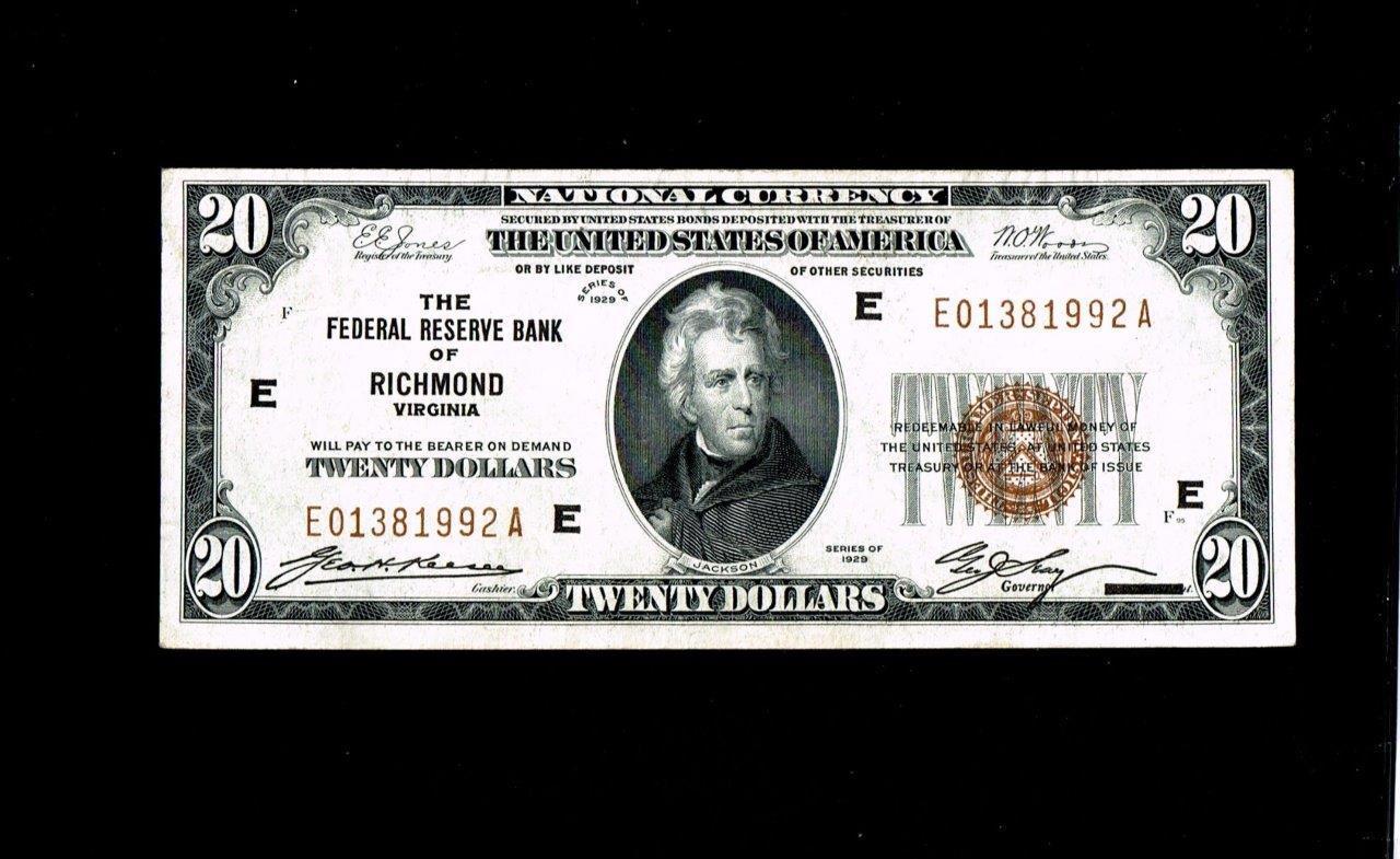 1929 $20 THE FEDRAL RESERVE BANK OF RICHMOND.VA