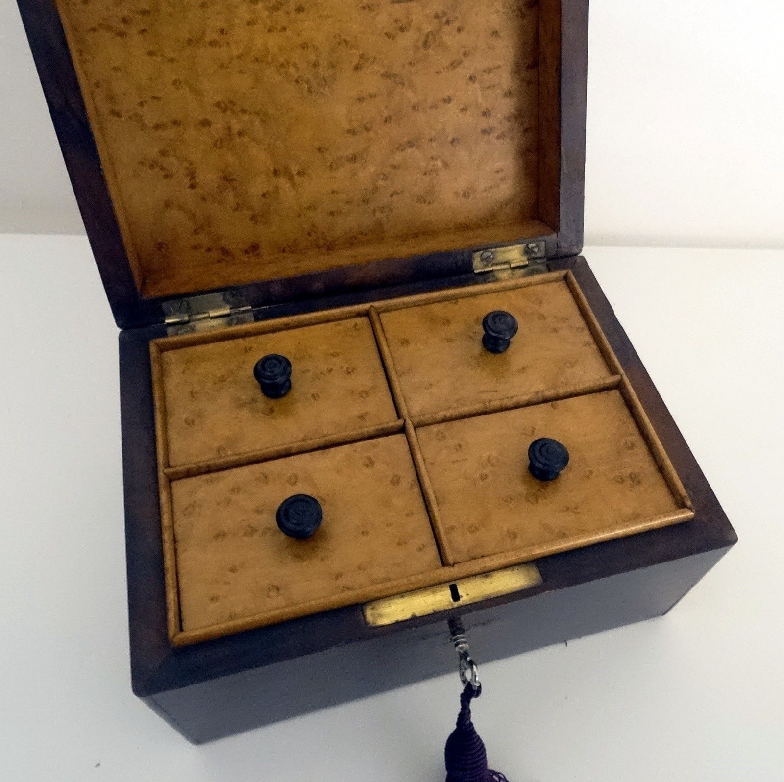 French Antique 4-Compartment Tea Caddy/ Box w/Lock - 1890's Woodenware