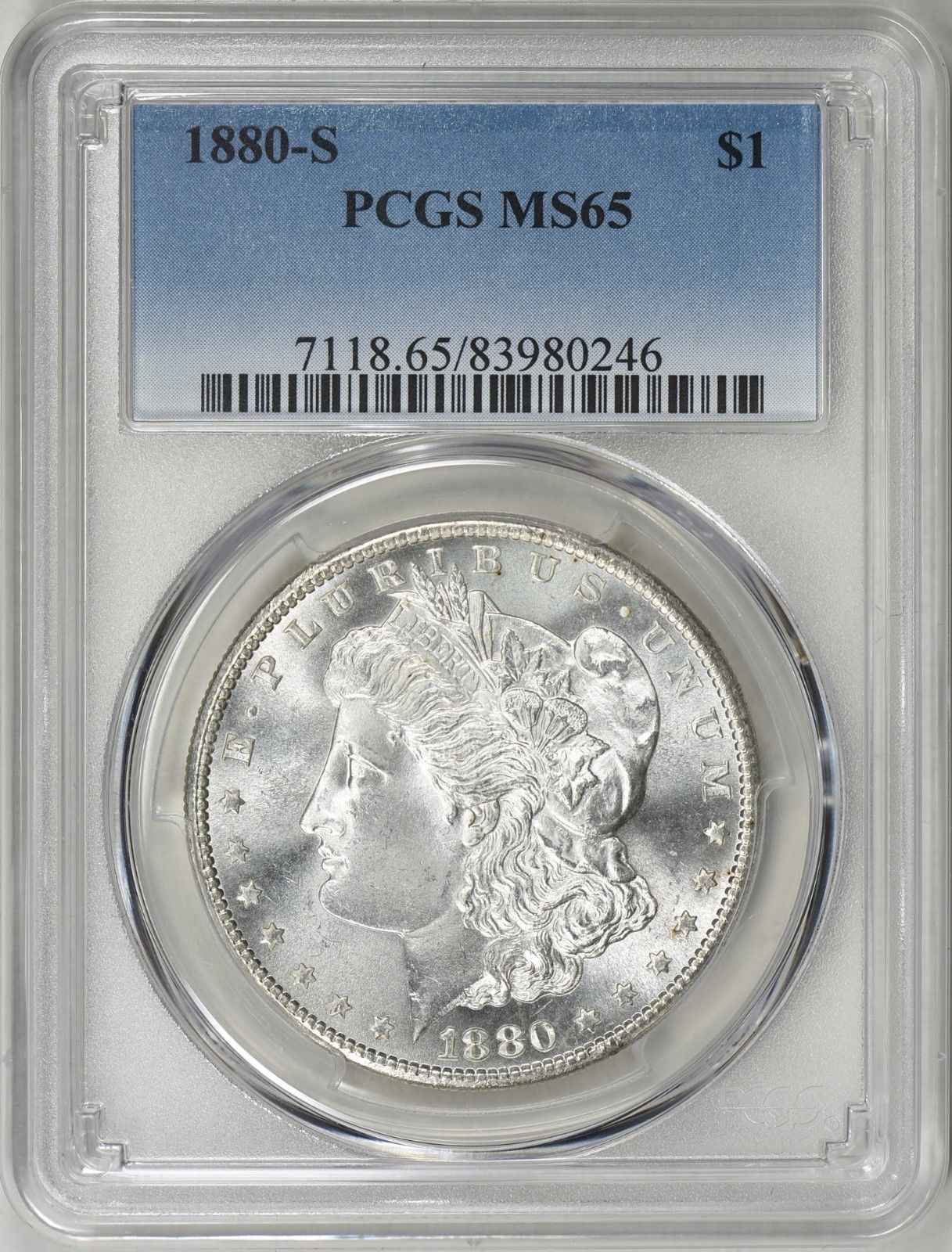 1880 S Morgan Silver Dollar graded MS65 by PCGS, a gem.