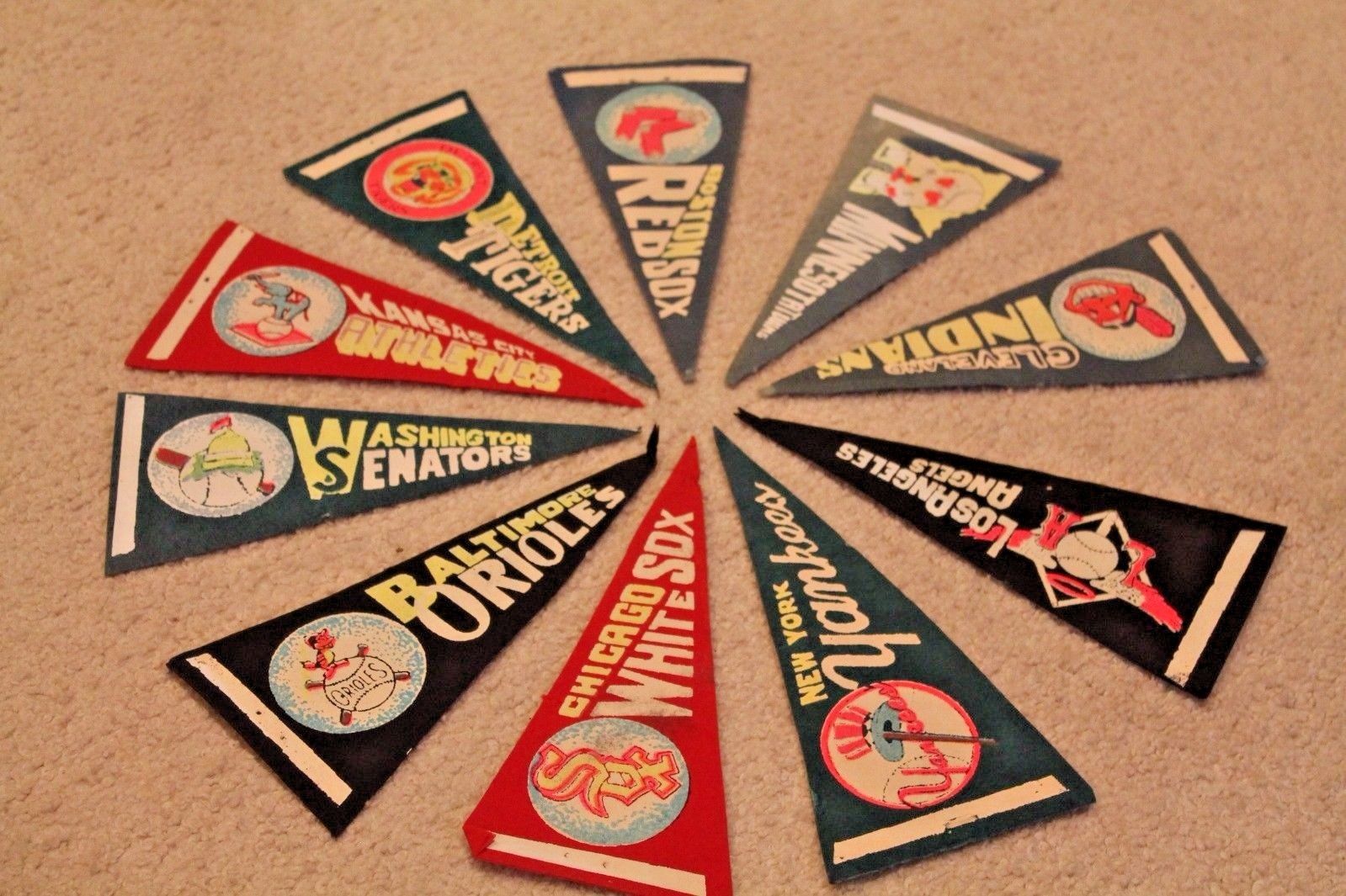 10 vintage 1950's Baseball Mini Pennants: Yankees Tigers Red Sox Indians Twins