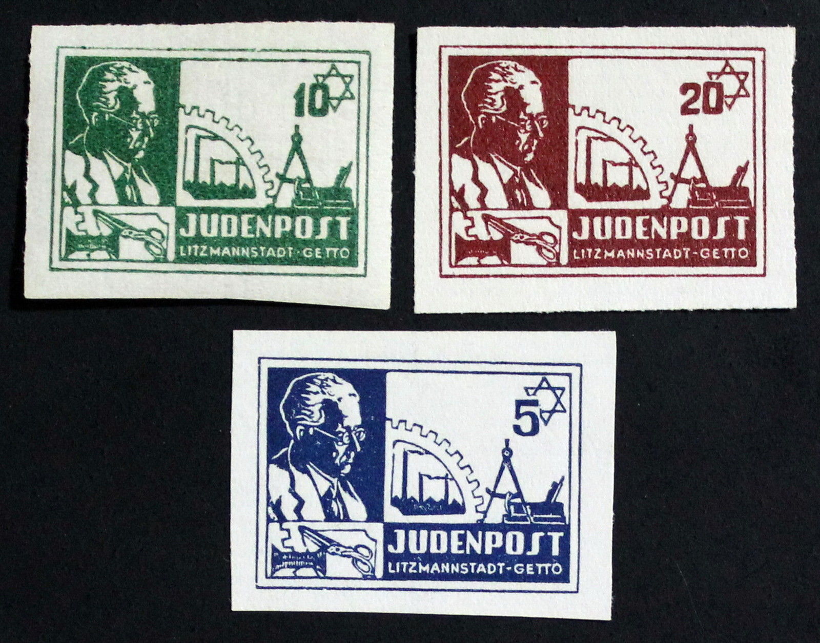 Judaica, Litzmannstadt Getto, Set of 3 Mint Original  Stamps #a1105