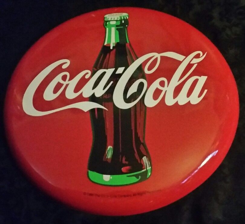 Vintage Coca Cola Button Metal Tin Advertising Sign 12" Inches 1990