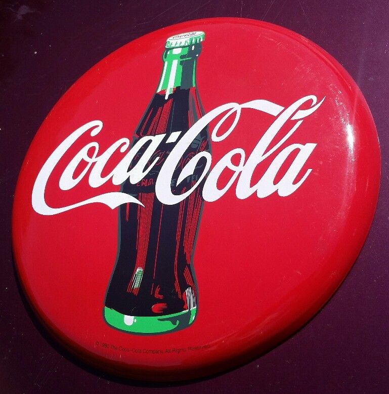 Vintage Coca Cola Button Metal Tin Advertising Sign 12" Inches 1990