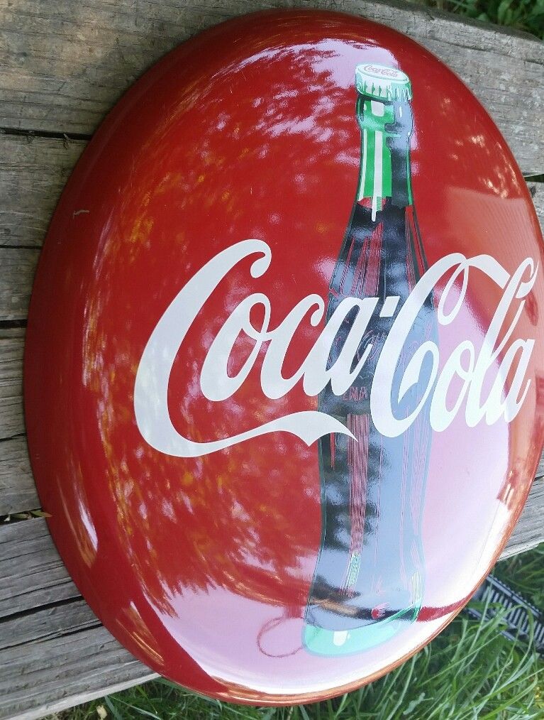 Vintage Coca Cola Button Metal Tin Advertising Sign 12" Inches 1990