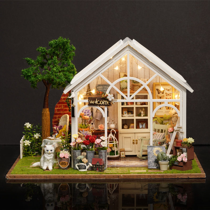 DIY Dollhouse Miniature Furniture Kit LED Kids Birthday Xmas Gift Flower House