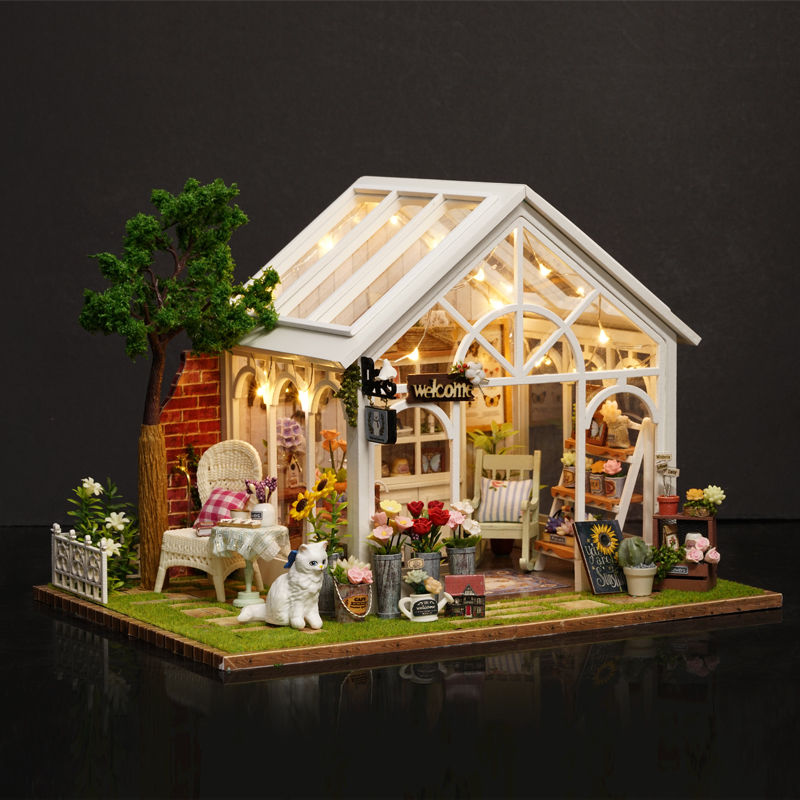 DIY Dollhouse Miniature Furniture Kit LED Kids Birthday Xmas Gift Flower House