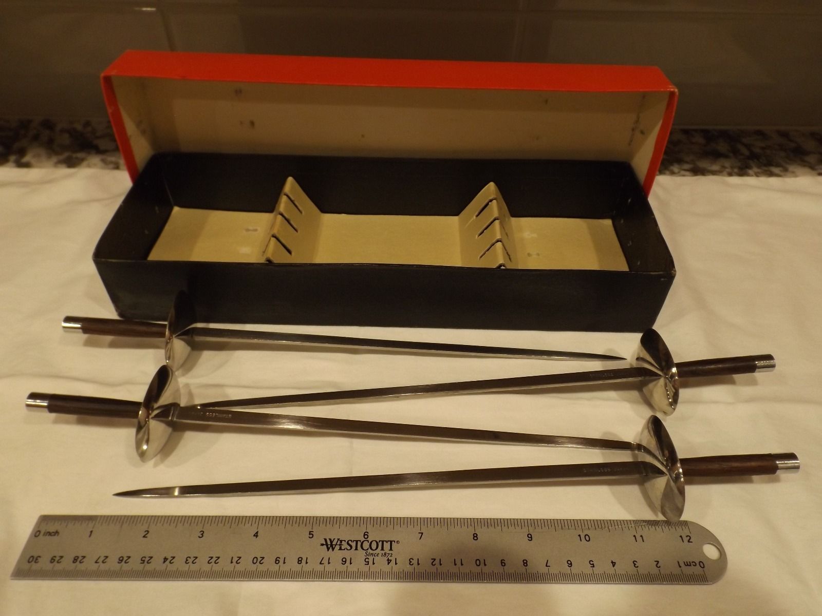 Mid Century Modern SWORD BBQ SKEWERS Stainless Steel Rose Wood Japan MIB