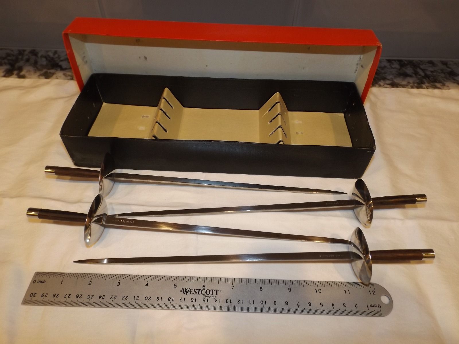 Mid Century Modern SWORD BBQ SKEWERS Stainless Steel Rose Wood Japan MIB