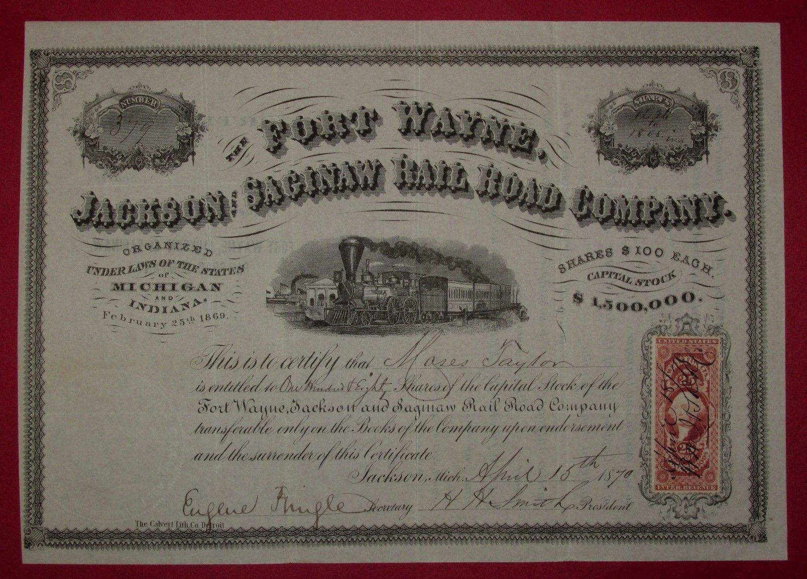 1870 Fort Wayne Jackson & Saginaw RR - stock issued to Moses Taylor