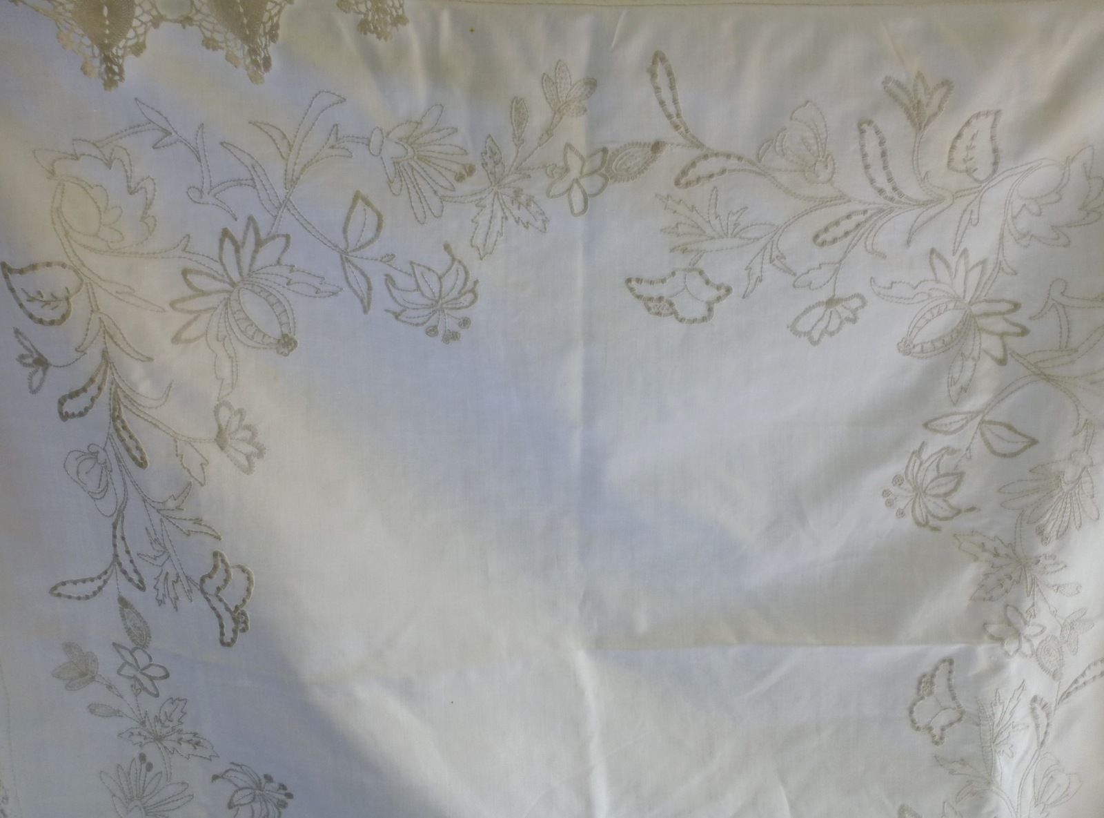 Antique Edwardian hand embroidered white work tea tablecloth crochet lace edge