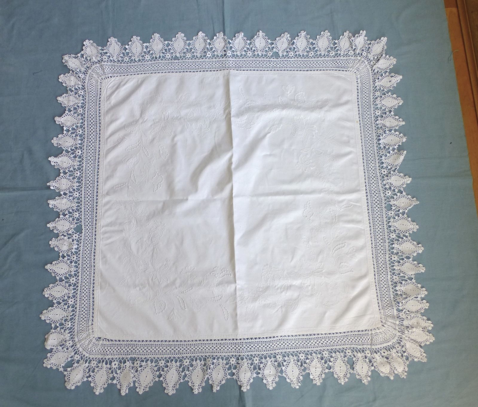 Antique Edwardian hand embroidered white work tea tablecloth crochet lace edge