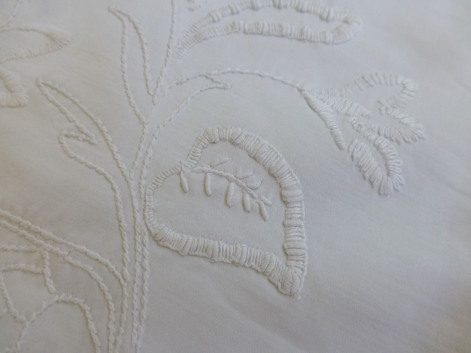 Antique Edwardian hand embroidered white work tea tablecloth crochet lace edge