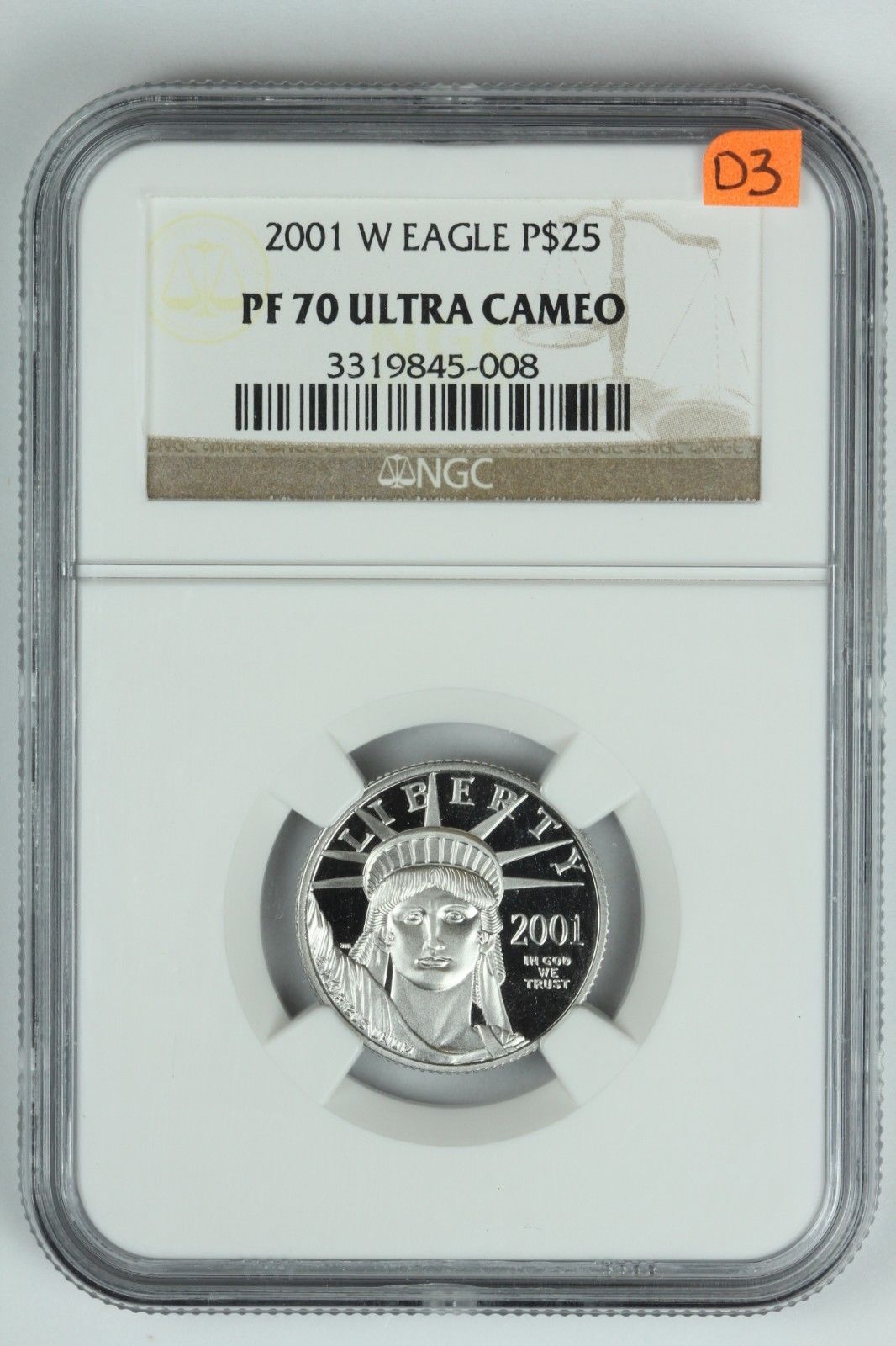 2001-W American Platinum Eagle $25 NGC Graded 70 Proof Ultra Cam 1/4oz Coin D3